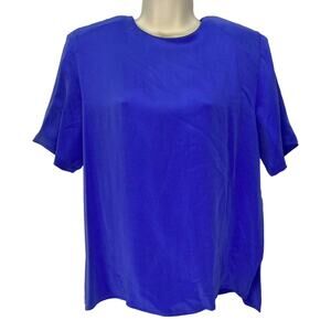 Vintage Nora Noh Size 6 Silk Blouse Short Sleeve Keyhole Blue 80s 90s
